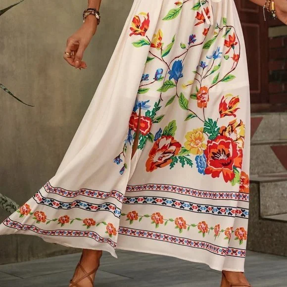 White boho Womens Floral Print Knot Waist Split Thigh Skirt - Picture 4 of 5